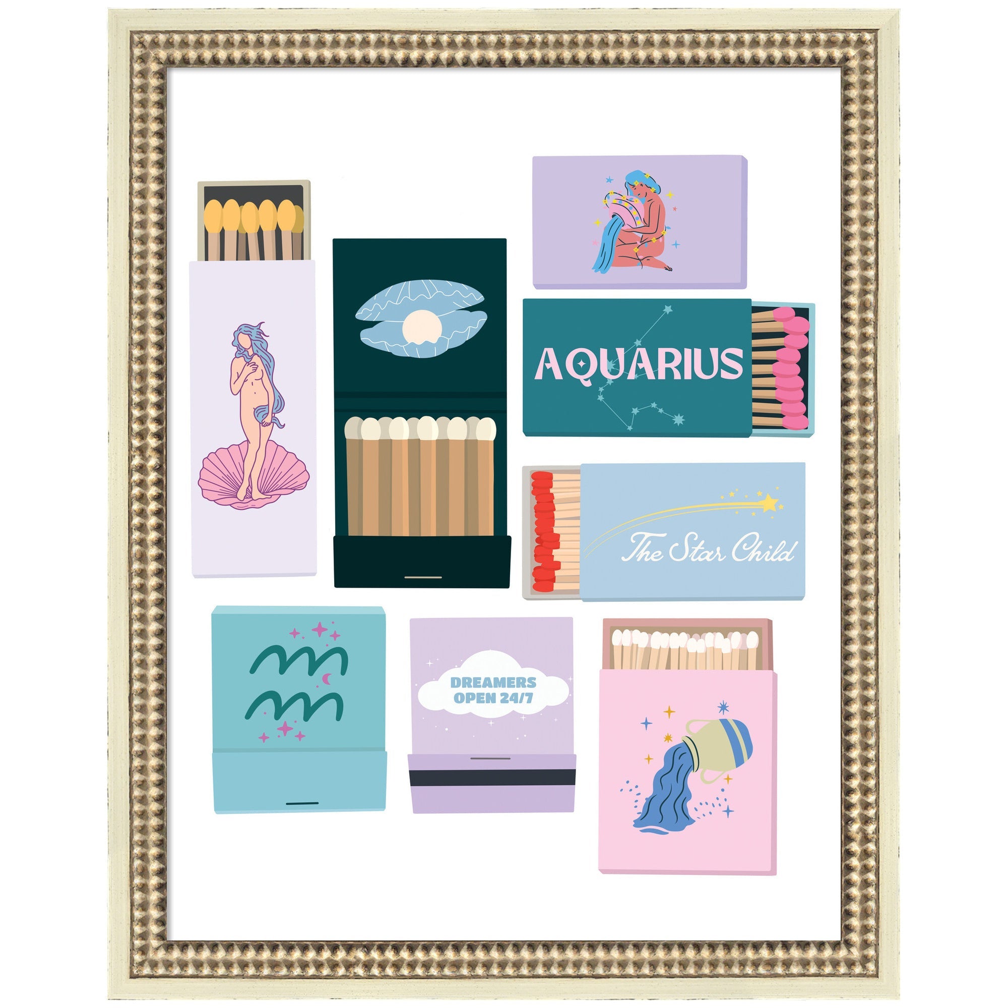 Aquarius Matchbooks 14x18 FC framed wall art print in Castellan distressed white frame by Megan Ryan