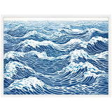 Abstract linocut print depicting dynamic blue and white ocean waves with detailed flowing lines, framed in a simple white frame.