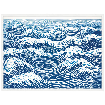 Sylvie Linocut Abstract Waves Blue and White Framed Canvas by The Creative Bunch Studio