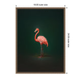 Pink flamingo standing in profile against a rich dark green gradient background, framed with an ornate gold border measuring 18 by 24 inches.