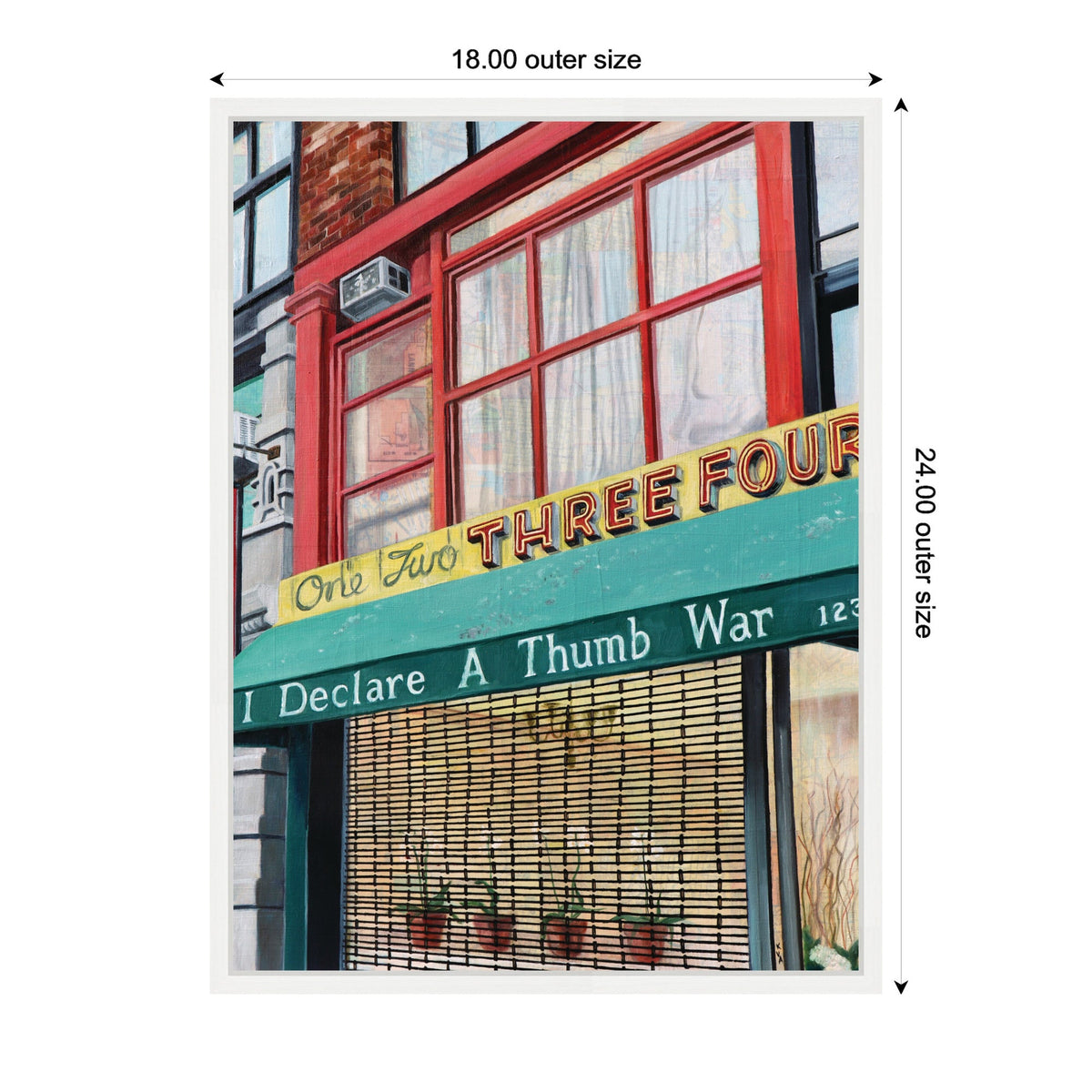 Framed canvas print showing a red-framed window above a green awning reading 'I Declare A Thumb War' with a yellow sign atop displaying 'One Two THREE FOUR' in mixed fonts.