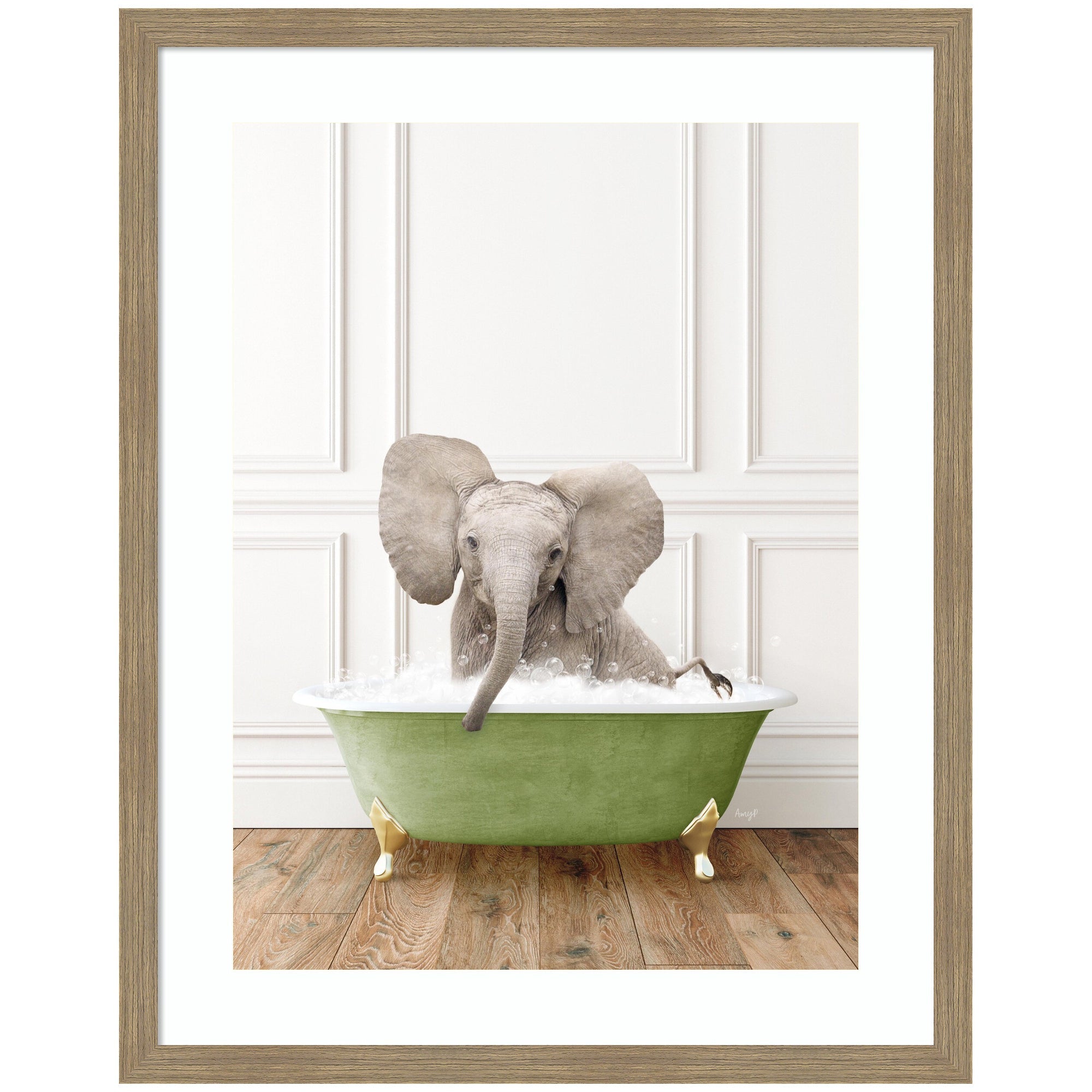 Baby Elephant in Transitional Bathtub by Amy Peterson Framed Wall Art Print
