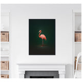 Side view of a pink flamingo standing against a dark green gradient background, displayed as a framed canvas on a white wall above a white mantelpiece.