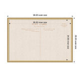 Rectangular fabric pinboard with beige linen texture and vintage postcard print, framed in light wood measuring 38 by 26 inches outer size.