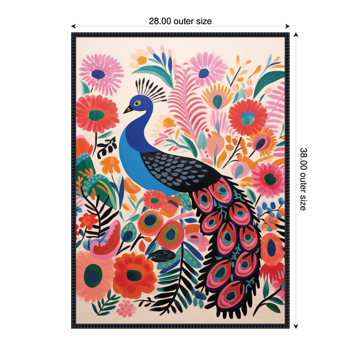 Brightly colored stylized peacock with a blue body and vibrant feather tail surrounded by large pink, red, and orange flowers and green leaves on a light background.
