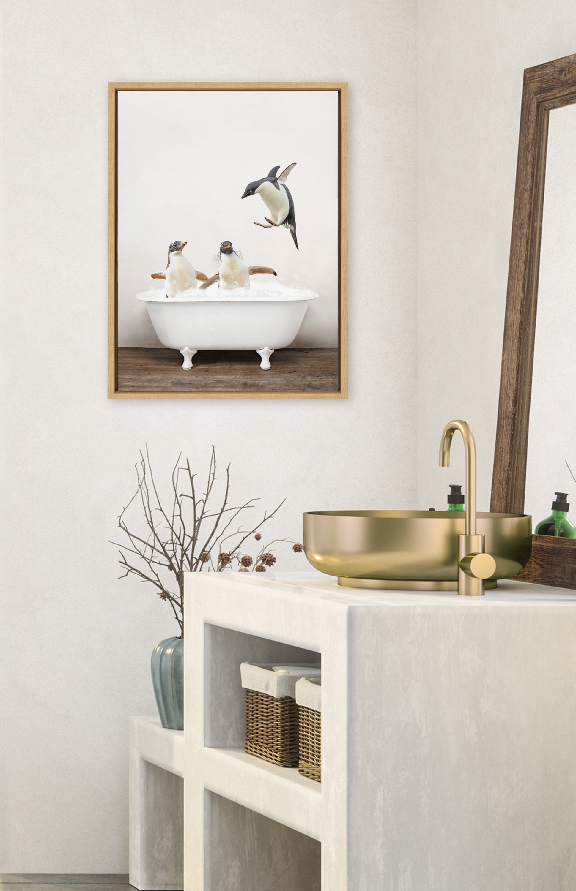 Sylvie Penguins Playing in Rustic Bath Framed Canvas