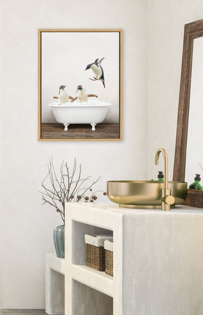Sylvie Penguins Playing in Rustic Bath Framed Canvas