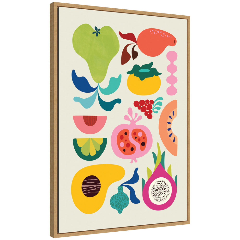 Framed canvas art titled Modern Colorful Abstract Fruits showing vibrant abstract fruit shapes in reds, greens, yellows, and blues.