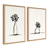 Two framed minimalist black ink sketches of botanical flowers on white canvas, one with a tall slender bottle vase and the other with a short rounded vase.