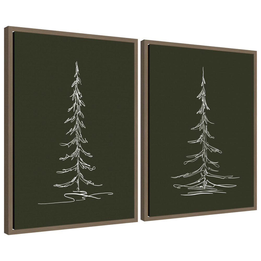 Two framed canvas prints featuring minimalist white line sketches of evergreen trees on dark green backgrounds hung side-by-side