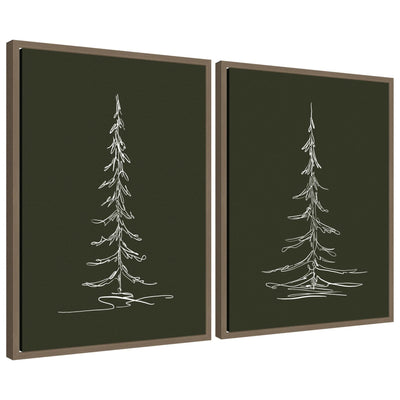 Two framed canvas prints featuring minimalist white line sketches of evergreen trees on dark green backgrounds hung side-by-side