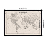 Framed black and white vintage-style world map on linen fabric with clear dimensions labeled, featuring detailed geographic lines and text in an aged classic design.
