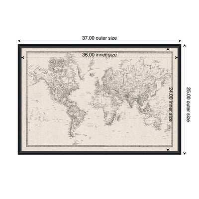 Framed Fabric Pinboard Vintage Black and White Linen World Map Wall Organization