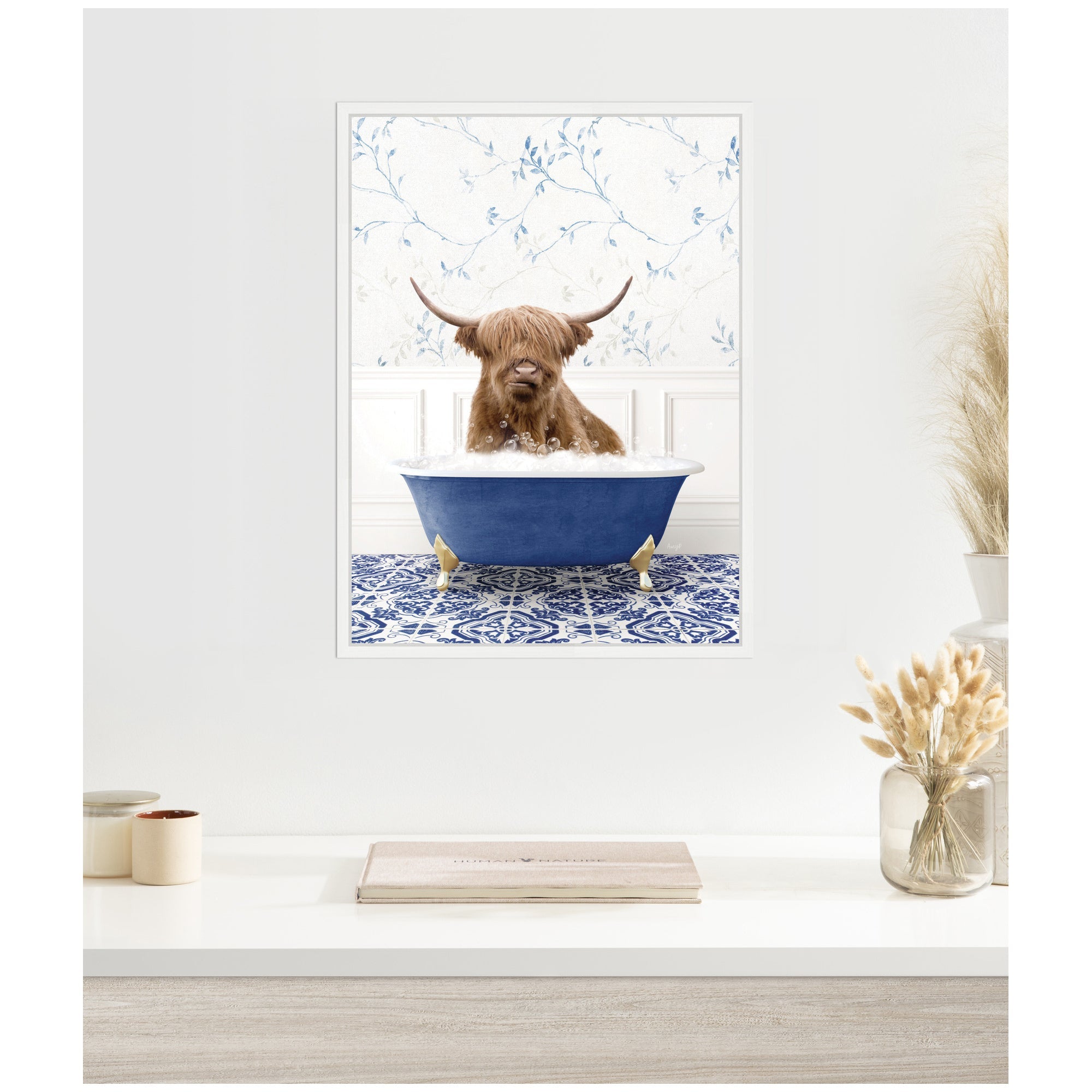 Sylvie Highland Cow in Eclectic Blue Bathtub Framed Canvas