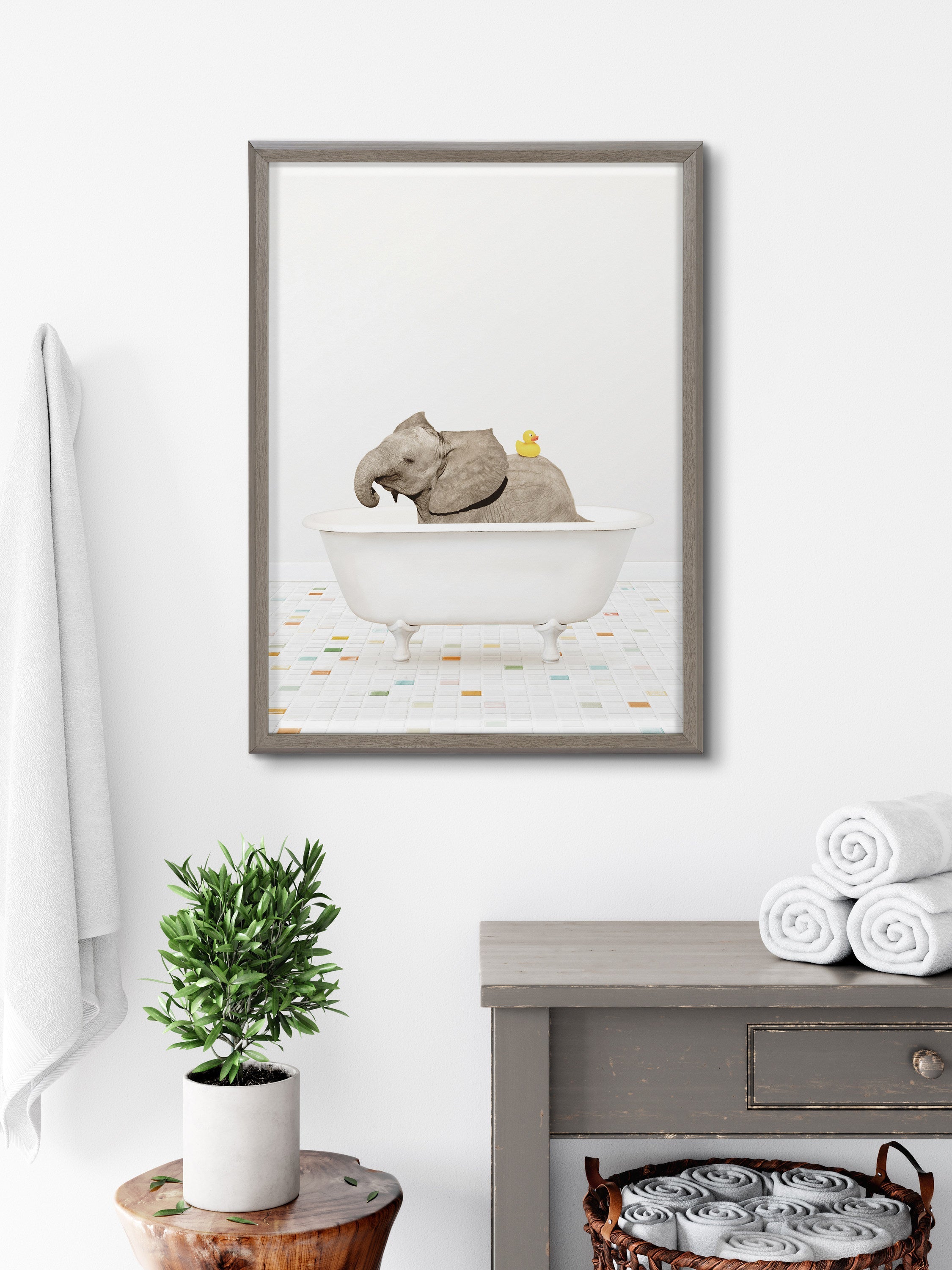 Blake Baby Elephant Bath Time with Rubber Ducky Framed Printed Glass