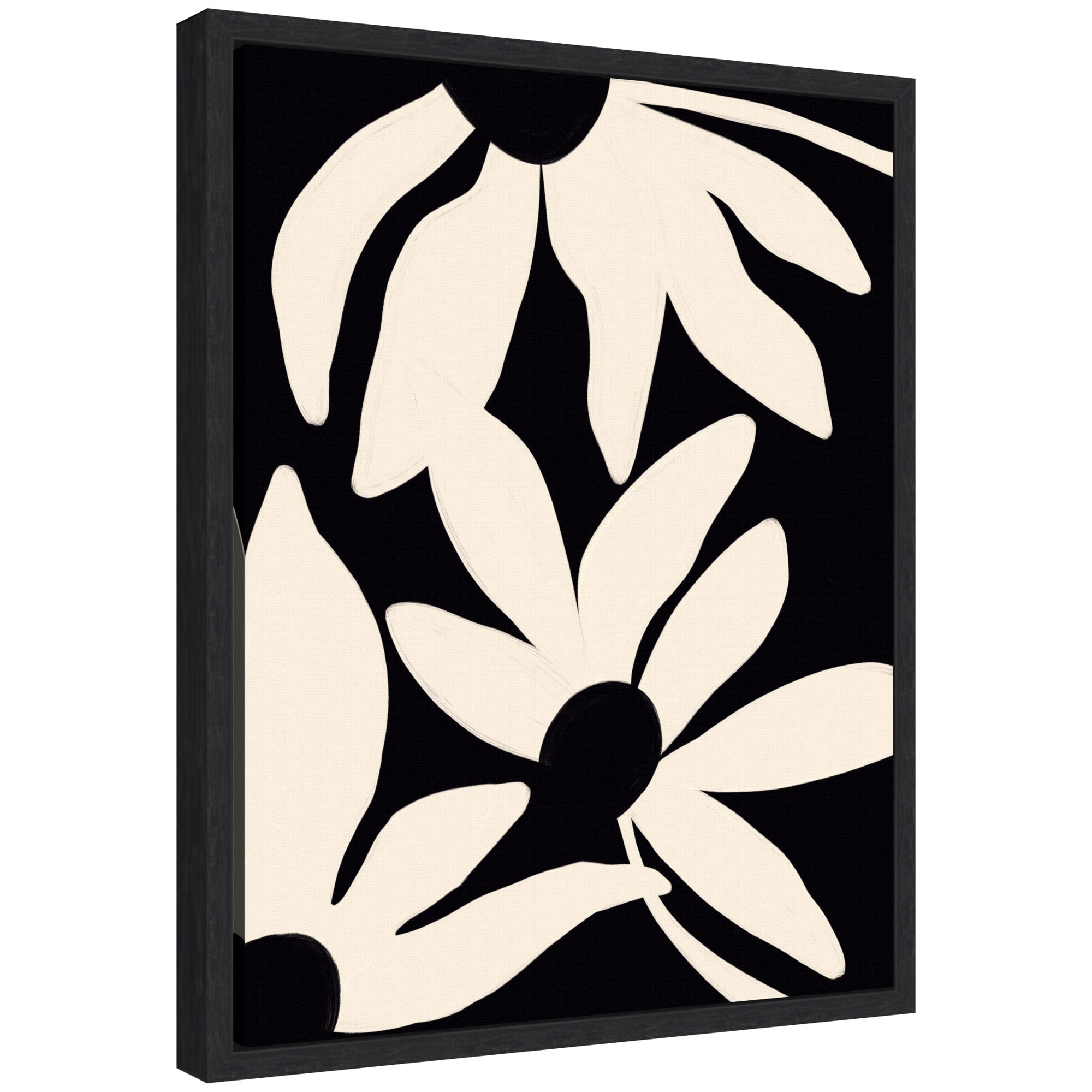 Framed canvas art titled Sylvie Minimal Blooms by Alicia Bock showing abstract floral shapes in pink and green on a cream background