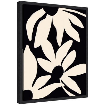 Framed canvas art titled Sylvie Minimal Blooms by Alicia Bock showing abstract floral shapes in pink and green on a cream background