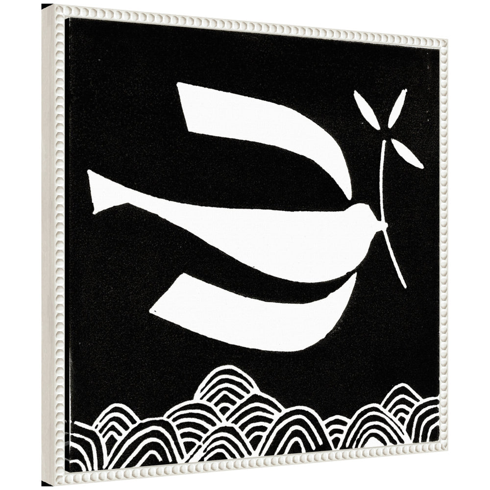 Sylvie Volare 2 Black and White Bird Linocut Framed Canvas art by Giuliana Lazzerini showing a stylized black and white bird in a vintage beaded frame