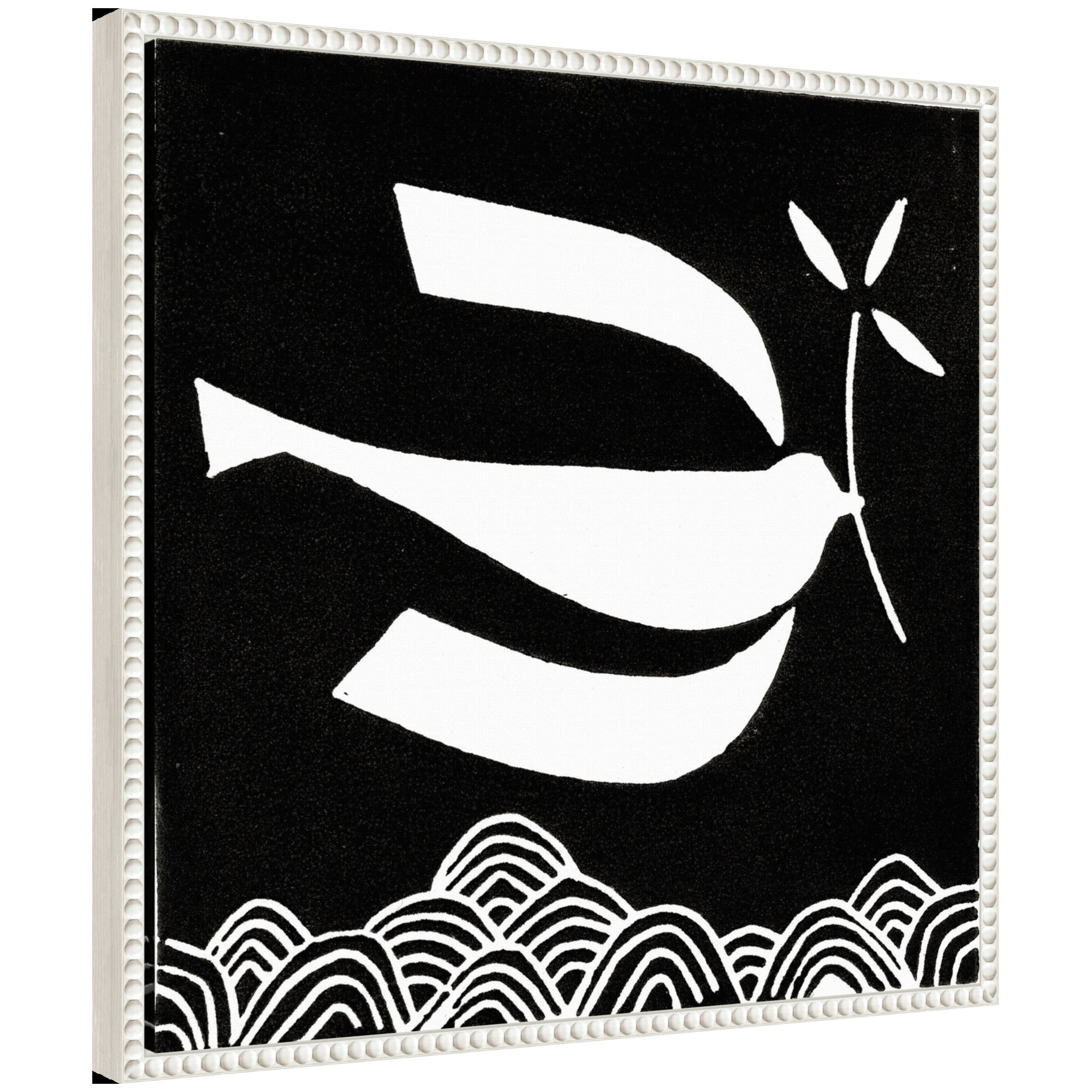 Sylvie Volare 2 Black and White Bird Linocut Framed Canvas art by Giuliana Lazzerini showing a stylized black and white bird in a vintage beaded frame
