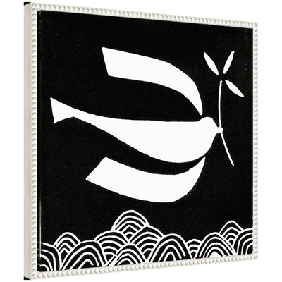 Sylvie Volare 2 Black and White Bird Linocut Framed Canvas art by Giuliana Lazzerini showing a stylized black and white bird in a vintage beaded frame