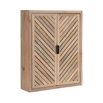 Mezzeta Tall Wood Bath Cabinet in black finish showing slatted wood door design and black metal pulls
