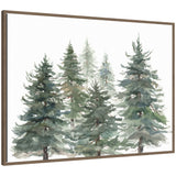 Watercolor painting of green pine and evergreen trees with soft, misty layering on white background, framed in light wood.