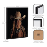 Framed print of a brown horse wearing a tan cowboy hat against a black background, with a sleek black oak wood frame and sawtooth hangers.