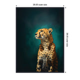 Portrait of a cheetah with detailed golden fur and black spots against a smooth teal background, facing left with a calm, focused expression.