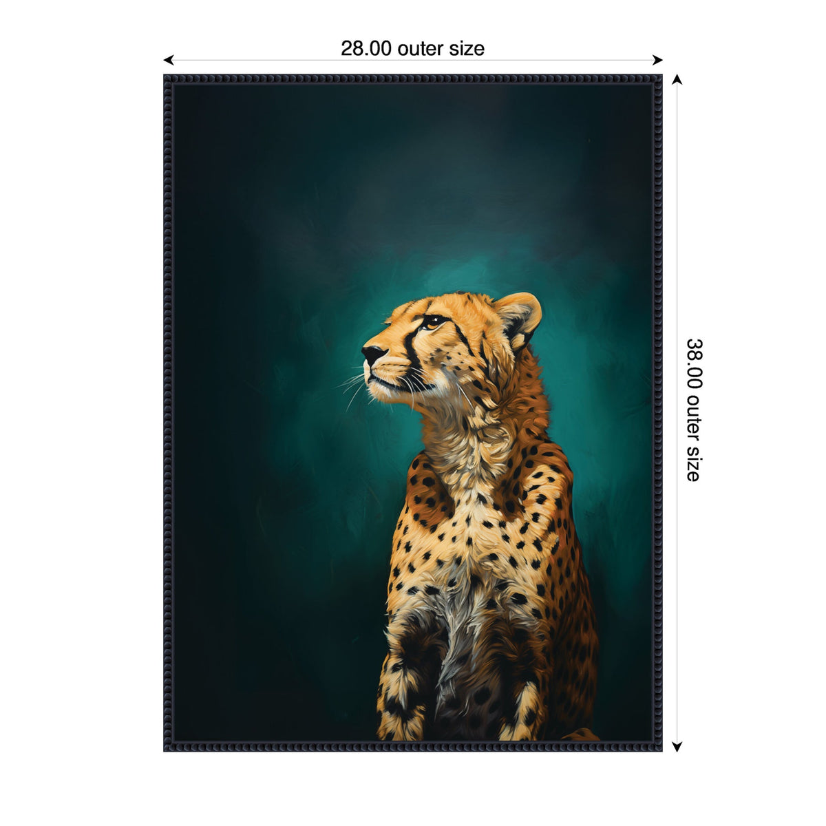 Portrait of a cheetah with detailed golden fur and black spots against a smooth teal background, facing left with a calm, focused expression.