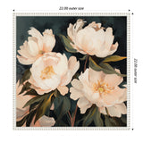 Painting of four large pale pink peony flowers with green leaves against a dark blue-black background, framed with a carved white border.