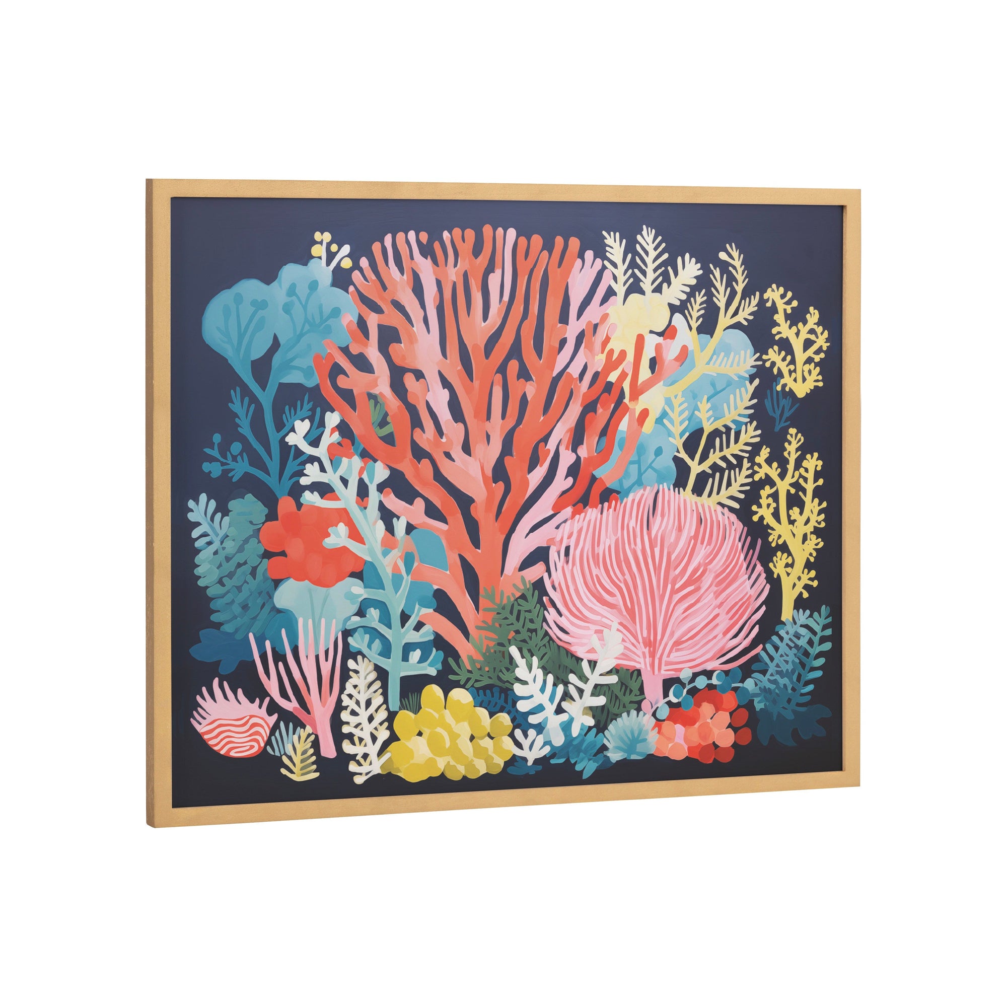 Framed art print showing bright coral formations underwater with subtle blue and aqua tones