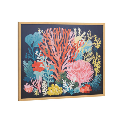 Framed art print showing bright coral formations underwater with subtle blue and aqua tones