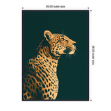 Side profile of a gilded cheetah with detailed dark spots on a deep emerald green background, highlighting its focused expression and sleek form.
