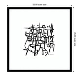 Abstract black line drawing with interconnected geometric shapes and dots centered on white background in a black square frame measuring 25 inches each side.