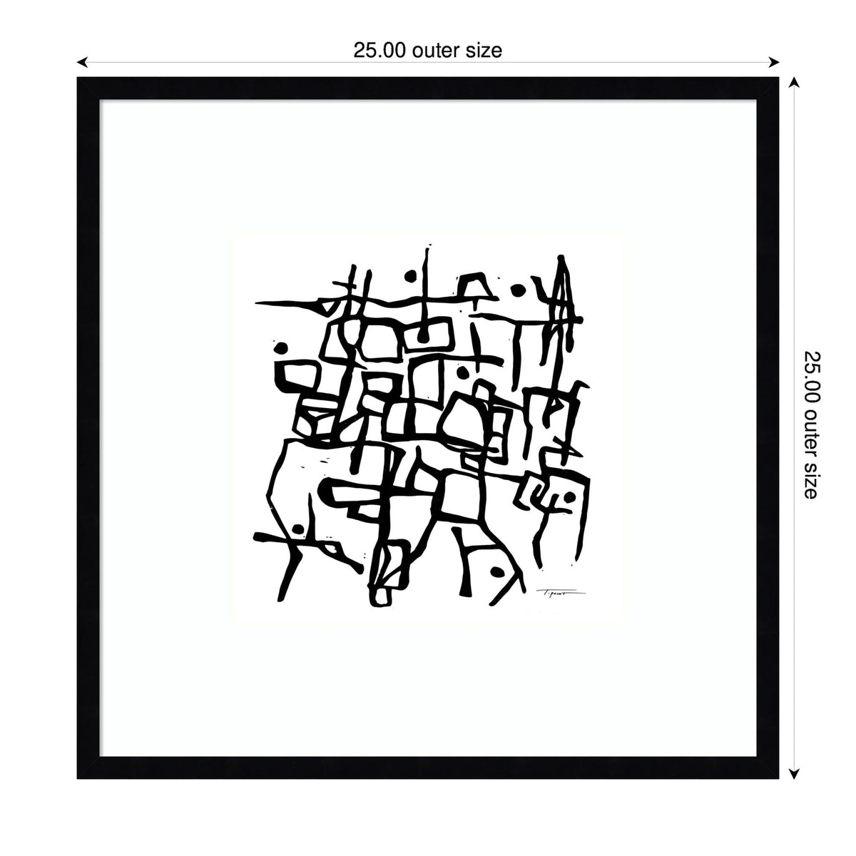 Abstract black line drawing with interconnected geometric shapes and dots centered on white background in a black square frame measuring 25 inches each side.