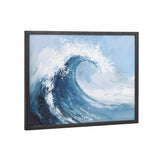 Abstract coastal ocean wave painting with blue and white brushstrokes, set in a simple dark gray frame against a white background.