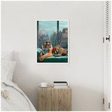 Framed canvas showing a tiger resting on a teal couch with a city skyline visible through large windows behind it, hanging on a white bedroom wall above a rustic wooden nightstand.