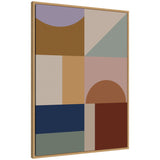 Framed canvas featuring geometric shapes in muted earth tones, including brown semicircles, blue and green rectangles, and soft beige and lavender sections.