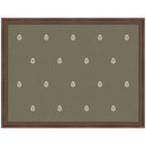 Rectangular bulletin board with a muted green fabric surface featuring a repeating small white botanical block print pattern, framed in dark wood.