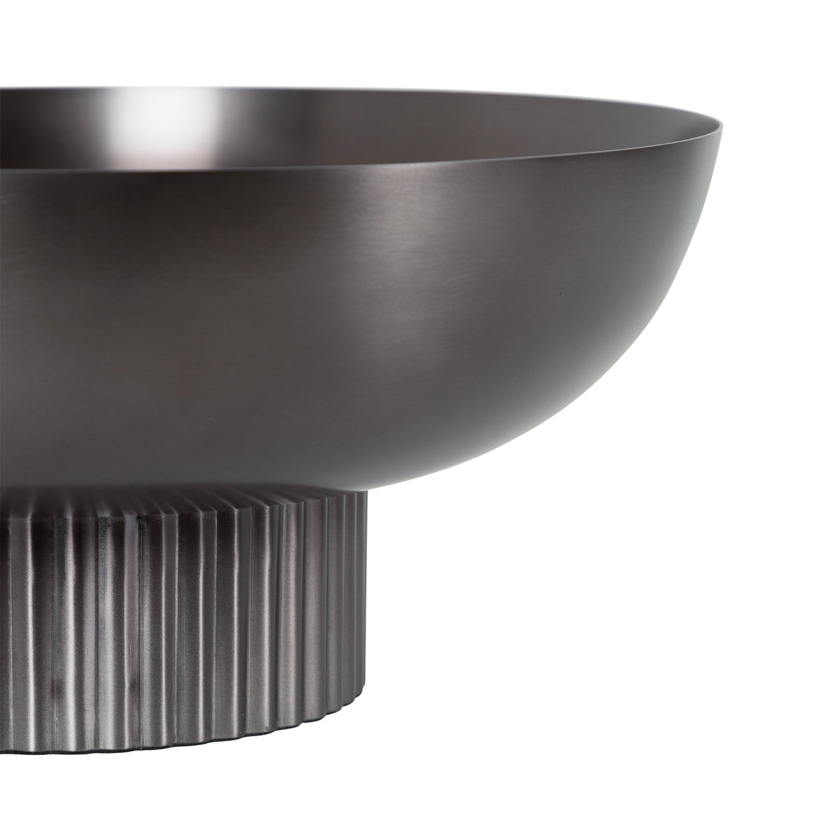 Dark matte metal bowl with a smooth wide upper surface and a ribbed cylindrical base, photographed on a white background.