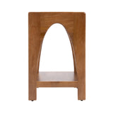 Side view of a wooden side table with a smooth arch cutout in its legs and a lower rectangular shelf, showcasing warm medium wood tones.