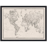 Black framed vintage-style world map on textured white linen fabric with detailed black line drawings of continents and labeled geographic features.