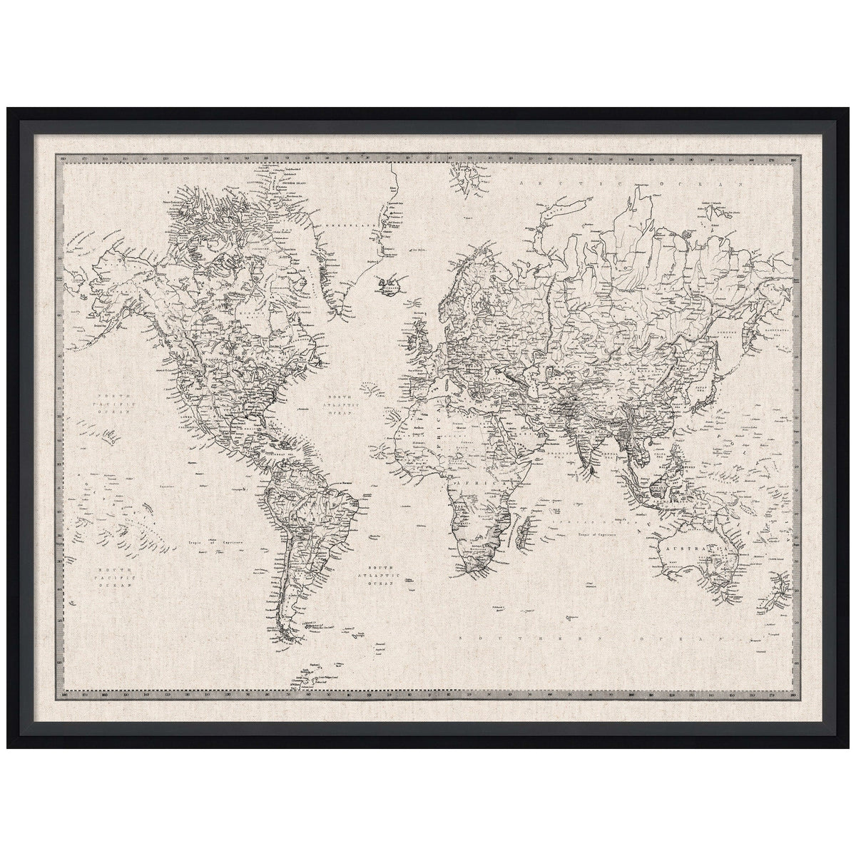 Black framed vintage-style world map on textured white linen fabric with detailed black line drawings of continents and labeled geographic features.