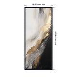 Vertical rectangular abstract wall art with swirling black, white, and gold tones blending smoothly inside a thin black frame, sized 18 by 40 inches.