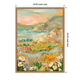 Framed canvas painting of a colorful landscape with wildflowers in the foreground, rolling hills, and a body of water under a soft sunset sky.