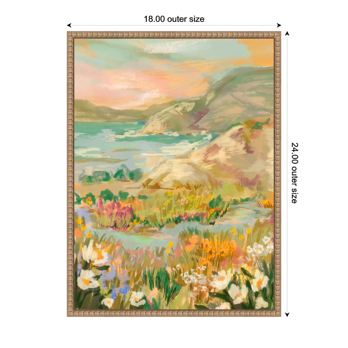 Framed canvas painting of a colorful landscape with wildflowers in the foreground, rolling hills, and a body of water under a soft sunset sky.