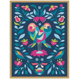 Framed canvas artwork featuring two stylized, colorful love birds facing each other, surrounded by symmetrical pink and blue flowers and green leaves on a dark blue background.
