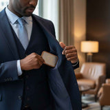 Man dressed in a navy blue suit and light blue tie placing a small brown rectangular device into his jacket's inner pocket, indoors with leather seating and a lamp in the background.