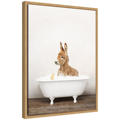 Framed canvas art depicting Sylvie Baby Donkey sitting in a rustic bathtub, by Amy Peterson