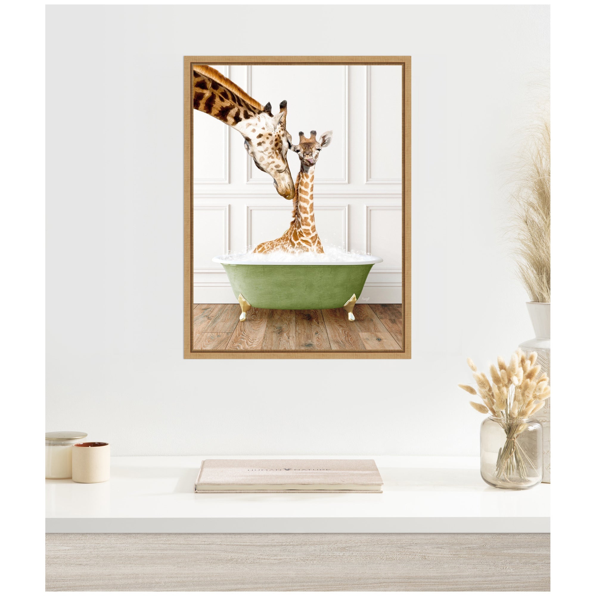Sylvie Mother and Baby Giraffe in Transitional Bathtub Framed Canvas by Amy Peterson